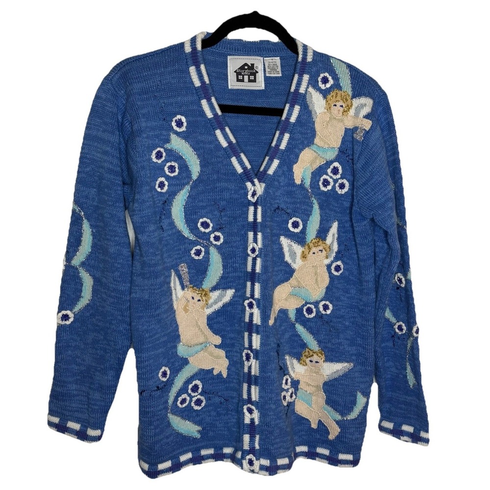 Vintage Storybook Knits Cardigan Womens S Blue Angels Cherubs Granny Sweater 90s